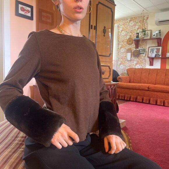 Y2K wool blend fur sleeve brown boatneck cropped sweater! - Picture 6 of 14